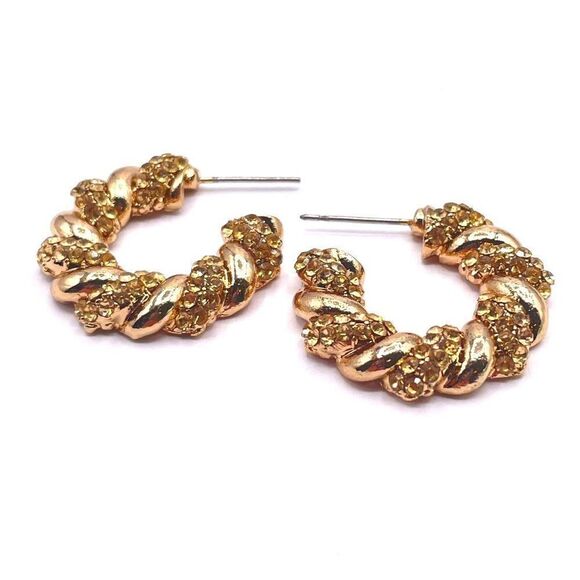 Yellow Gold with Champagne Crystal Twisted Rope Hoop Post Back Earrings - Picture 2 of 6